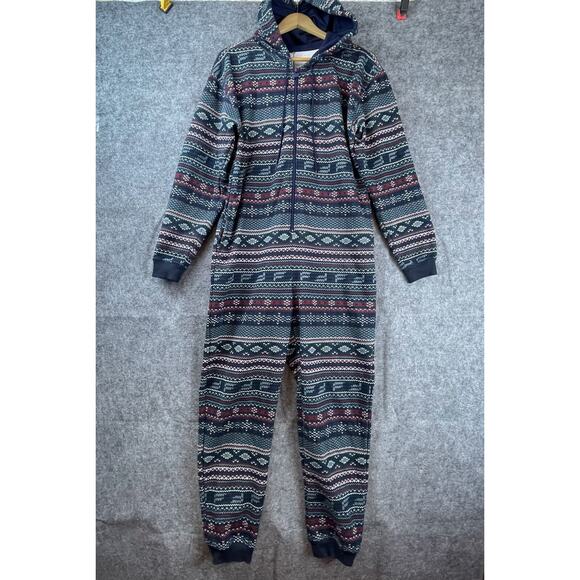 Fabletics Forever Fleece Hooded Jumpsuit Women Small Blue Red Aztec Drawstring - Picture 1 of 8